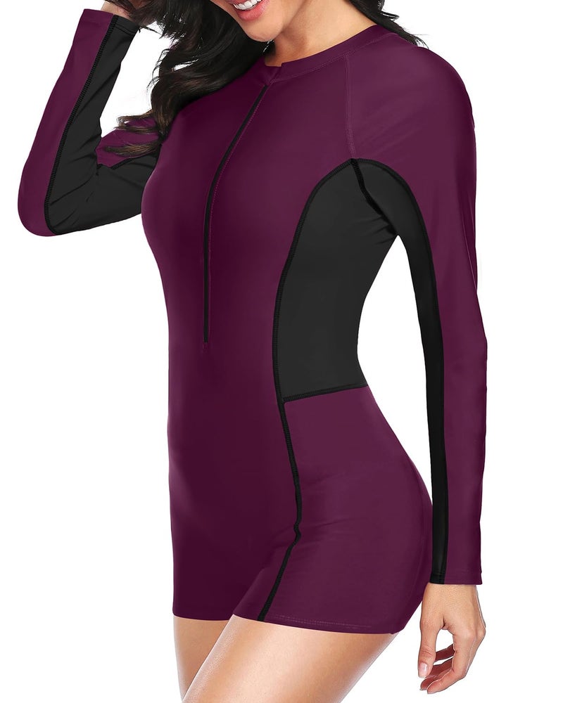 Daci Women Long Sleeve Rash Guard One Piece Boyleg Swimsuit Zipper Surfing Bathing Suit UPF 50+ Purple M - Image 3