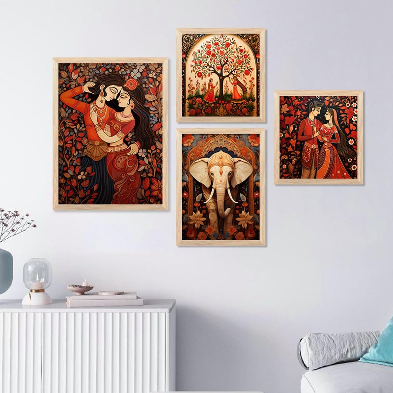 kotart Traditional Indian Inspired Madhubani Art Paintings with Frame for Living Room Bedroom Home and Office Wall Decor Set of 4 frames A - Image 1