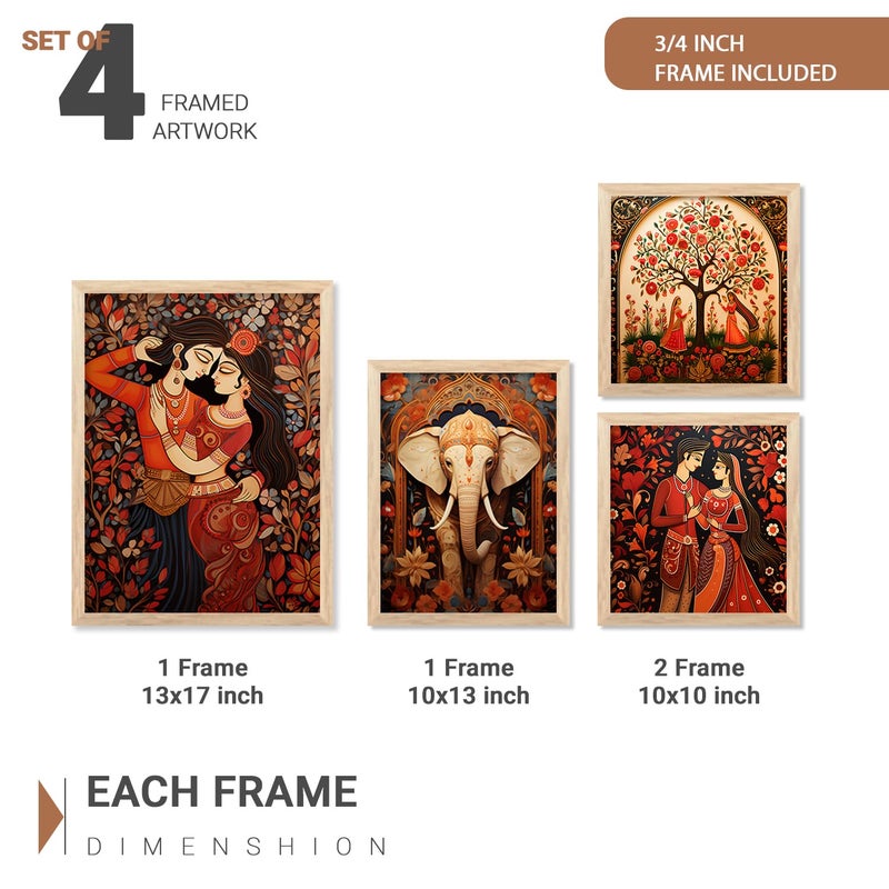 kotart Traditional Indian Inspired Madhubani Art Paintings with Frame for Living Room Bedroom Home and Office Wall Decor Set of 4 frames A - Image 3
