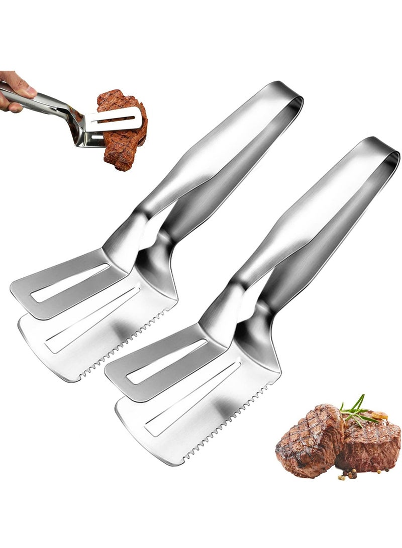 KASTWAVE 2 Pcs Stainless Steel Steak Clips with Serration, Multi-Function Food Grade BBQ Tongs, Bread Clip, Kitchen Jagged Flipping Spatula Clamp, Can Clip, Shovel - Image 1