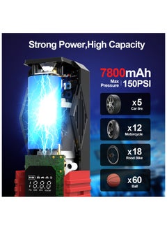 FOWAWU FOWAWU 150PSI 7800mAh Car Portable Air Compressor,Electric Air Pump Rechargeable Battery Power Bank with Digital LCD/LED Flashlight/DC 12V, Mini Portable Tire Inflator for Car/Bike/Motorcycle/Ball  - Image 3