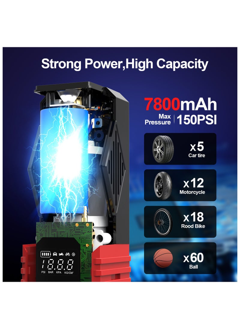 FOWAWU - FOWAWU 150PSI 7800mAh Car Portable Air Compressor,Electric Air Pump Rechargeable Battery Power Bank with Digital LCD/LED Flashlight/DC 12V, Mini Portable Tire Inflator for Car/Bike/Motorcycle/Ball - Image 1