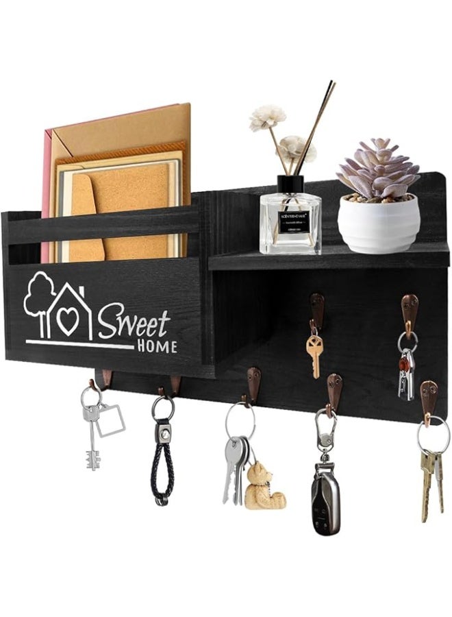 Gocokia Key Hanger Organizer, Mail and Key Holder for Wall Decorative, Wall Shelf with 7 Key Hooks, Wall Mounted Key Hangers with Mailbox, Home Decor (Black) - Image 2