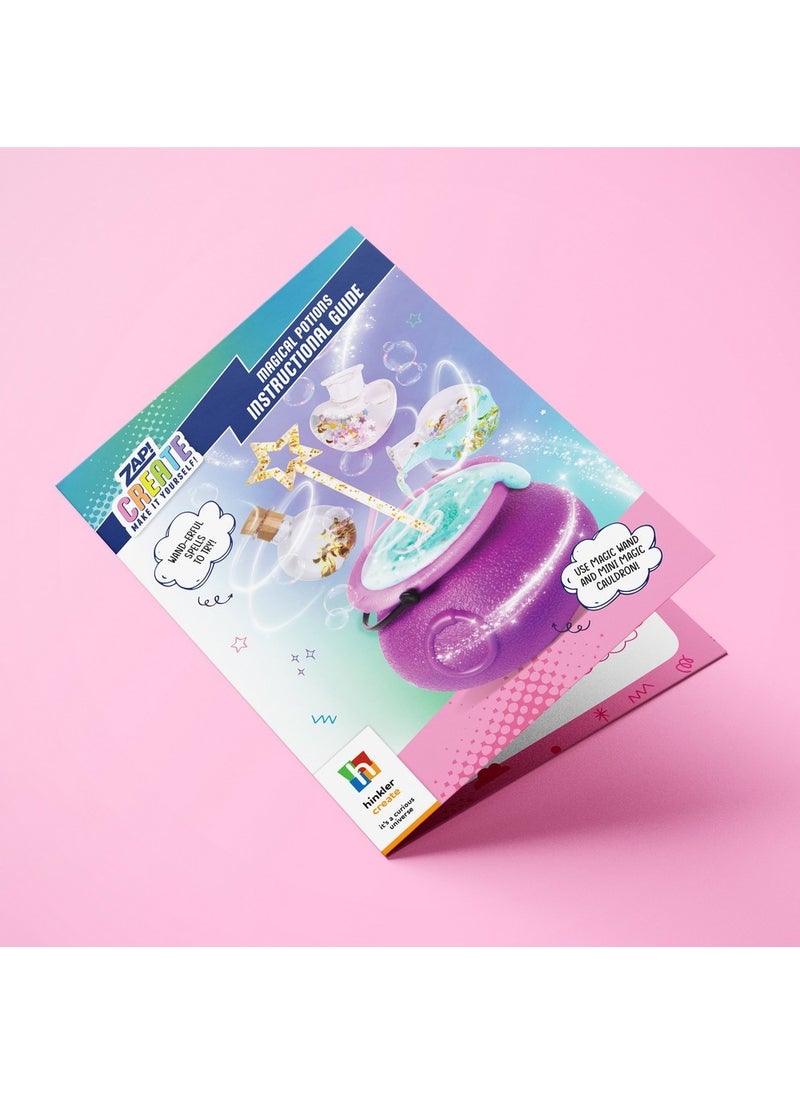 Hinkler Hinkler Zap Create Magical Potions Kit - DIY Potion Making Set includes mini cauldron, magic wand water, bubbling magic powder, 4 potion amulet necklace, 4 shaped potion vials, 6 potion card, holographic stickers, golden moon sprinkles, star sprinkles and potion pipette Fun Science & Craft Kit for Kids  - Image 3