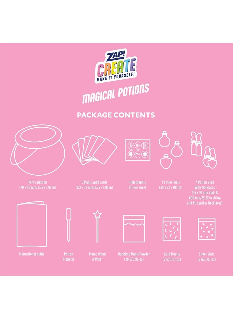 Hinkler Hinkler Zap Create Magical Potions Kit - DIY Potion Making Set includes mini cauldron, magic wand water, bubbling magic powder, 4 potion amulet necklace, 4 shaped potion vials, 6 potion card, holographic stickers, golden moon sprinkles, star sprinkles and potion pipette Fun Science & Craft Kit for Kids  - Image 2