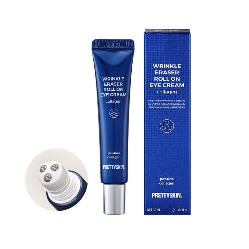 PRETTYSKIN Roll on Eye Cream with Hydrolyzed Collagen and Stainless Steel ball Tip Under Eye Roller Cream for Elasticity Wrinkles Puffiness Fine LinesKorean eye cream 30ml101flozCollagen