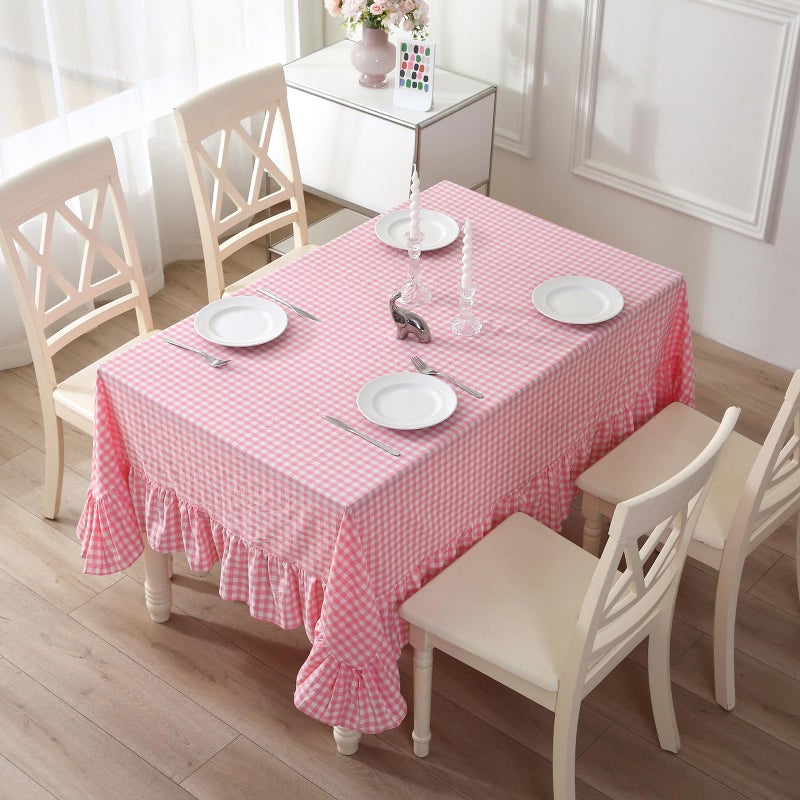 K MASANIJI 100% Cotton Coral Pink White Plaid Ruffled Table Cloth Rectangular 120x60 in Buffet Cottage Coquette Checker Gingham Vintage Decorative Tablecloth (Coral Pink/White Plaid, 120x60 inches) - Image 3