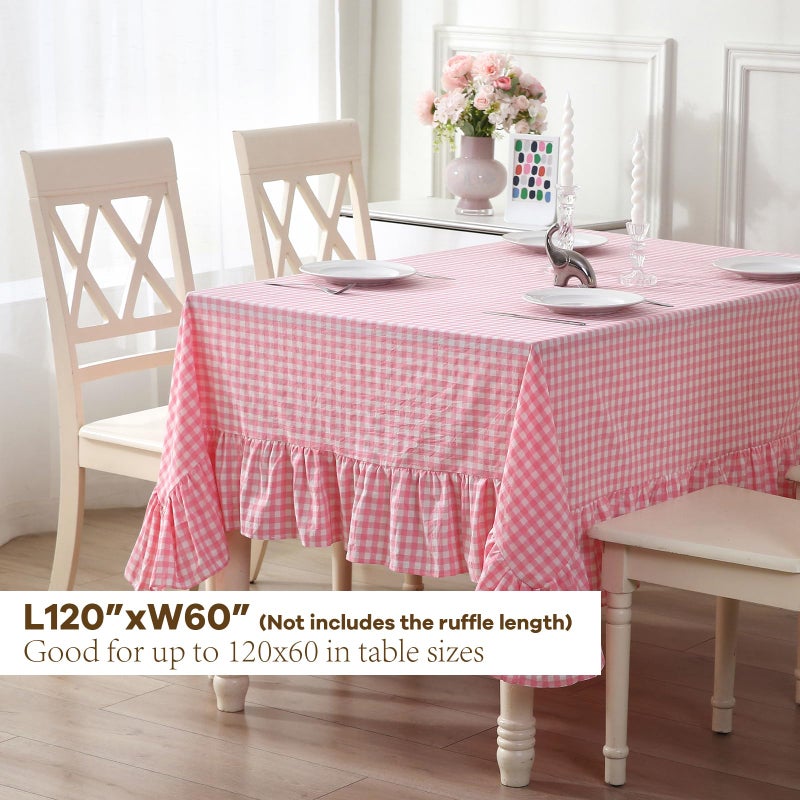 K MASANIJI 100% Cotton Coral Pink White Plaid Ruffled Table Cloth Rectangular 120x60 in Buffet Cottage Coquette Checker Gingham Vintage Decorative Tablecloth (Coral Pink/White Plaid, 120x60 inches) - Image 2