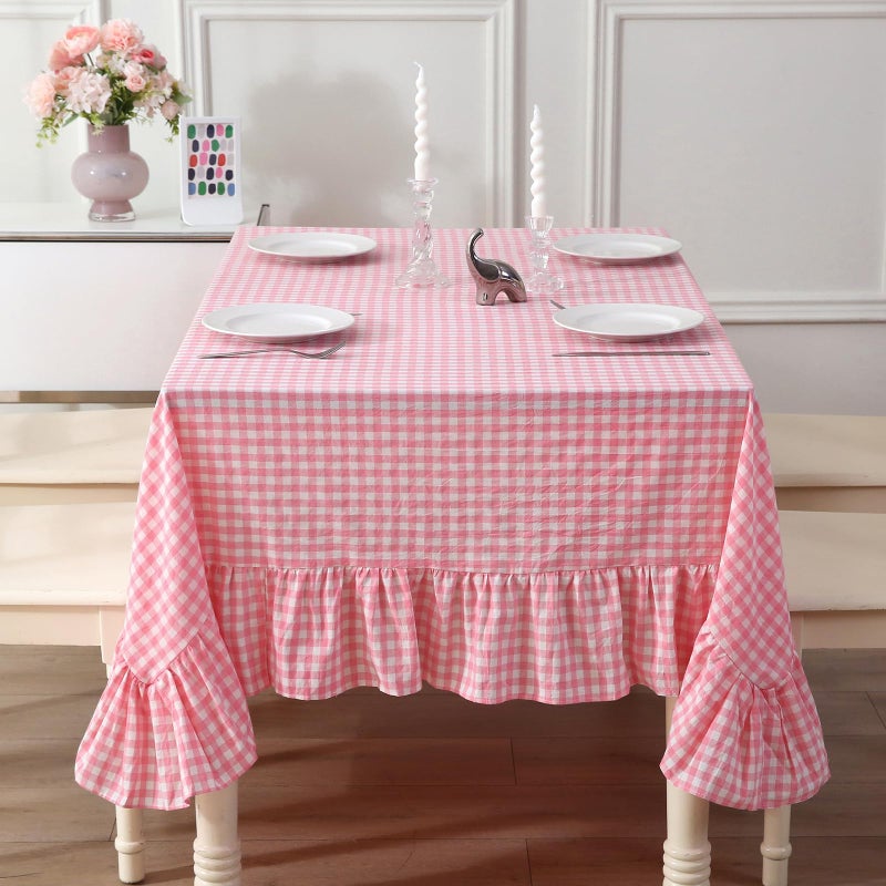 K MASANIJI 100% Cotton Coral Pink White Plaid Ruffled Table Cloth Rectangular 120x60 in Buffet Cottage Coquette Checker Gingham Vintage Decorative Tablecloth (Coral Pink/White Plaid, 120x60 inches) - Image 1