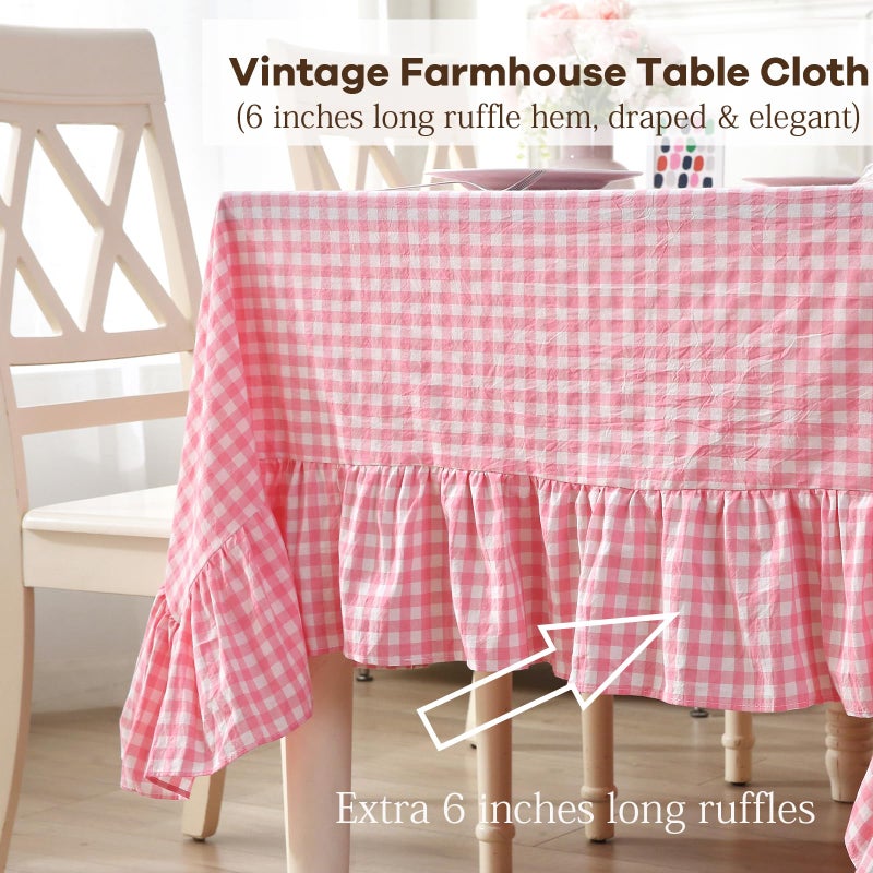 K MASANIJI 100% Cotton Coral Pink White Plaid Ruffled Table Cloth Rectangular 120x60 in Buffet Cottage Coquette Checker Gingham Vintage Decorative Tablecloth (Coral Pink/White Plaid, 120x60 inches) - Image 4