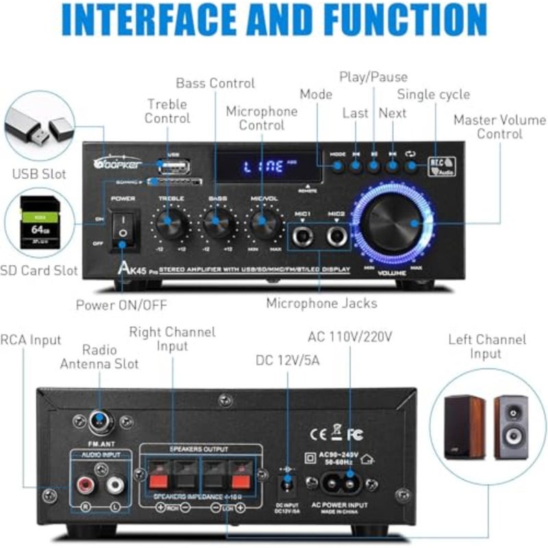 Home theater stereo amplifier system: aluminum alloy body, black finish, 400W max power, Bluetooth 5.0, USB/SD/RCA inputs for speakers, karaoke, garage use - Image 4