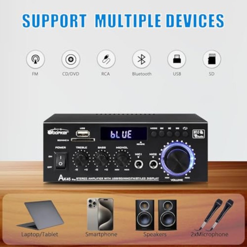 Home theater stereo amplifier system: aluminum alloy body, black finish, 400W max power, Bluetooth 5.0, USB/SD/RCA inputs for speakers, karaoke, garage use - Image 2