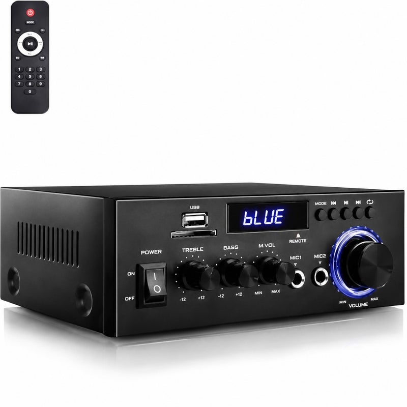 Home theater stereo amplifier system: aluminum alloy body, black finish, 400W max power, Bluetooth 5.0, USB/SD/RCA inputs for speakers, karaoke, garage use - Image 1