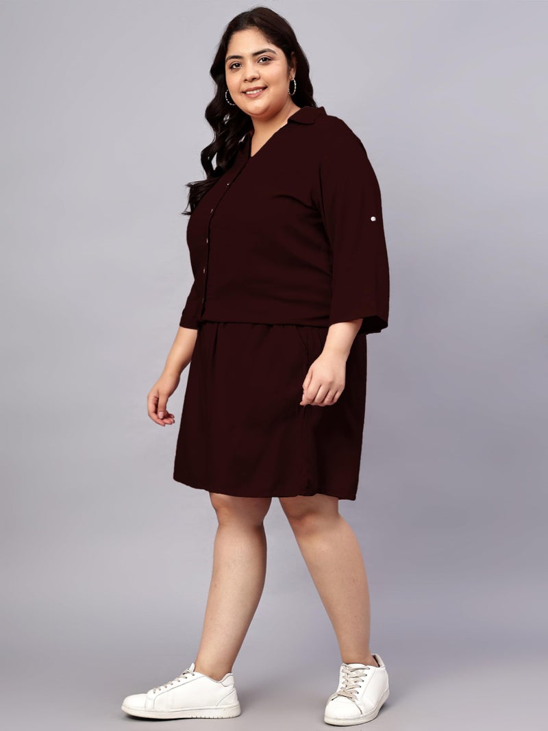 Indietoga Women's Plus Size Longline Shirt and Shorts Co-Ords Set (P10001545_Brown Solid_4XL) - Image 5