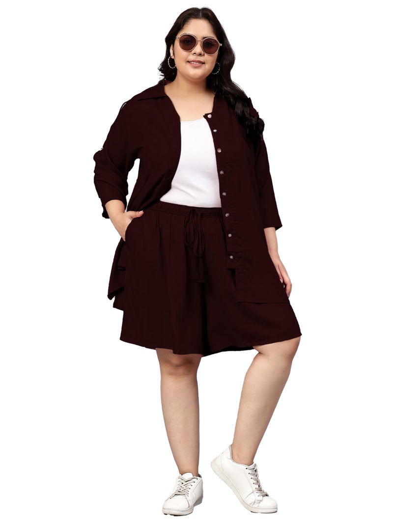 Indietoga Women's Plus Size Longline Shirt and Shorts Co-Ords Set (P10001545_Brown Solid_4XL) - Image 1