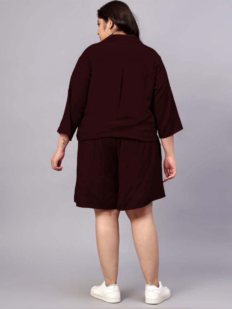 Indietoga Women's Plus Size Longline Shirt and Shorts Co-Ords Set (P10001545_Brown Solid_4XL) - Image 4
