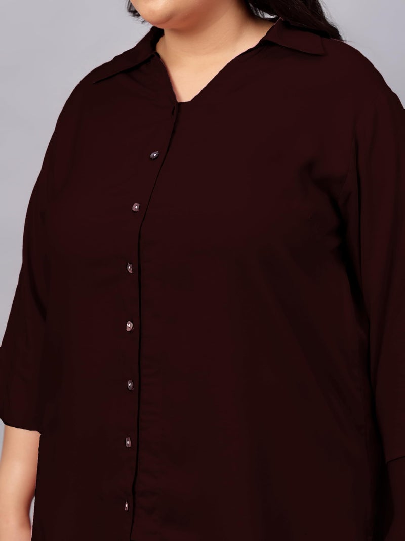 Indietoga Women's Plus Size Longline Shirt and Shorts Co-Ords Set (P10001545_Brown Solid_4XL) - Image 3