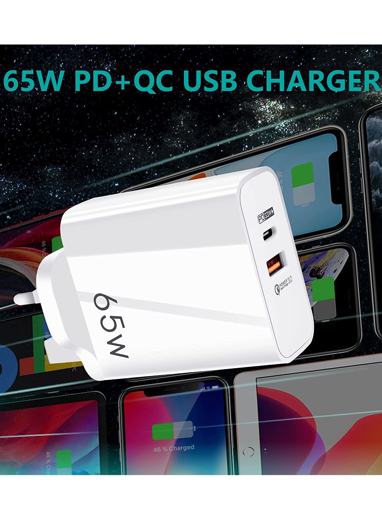 USB C Plug,Charger Type C 65W USB C Fast iphone Charger,PD3.0 Type C Super Fast Charger Wall Plug,Dual Port USB Plug Charger for iPhone, Cell Phones, Mobile Power Bank,iPad,Tablets, Headphones,etc