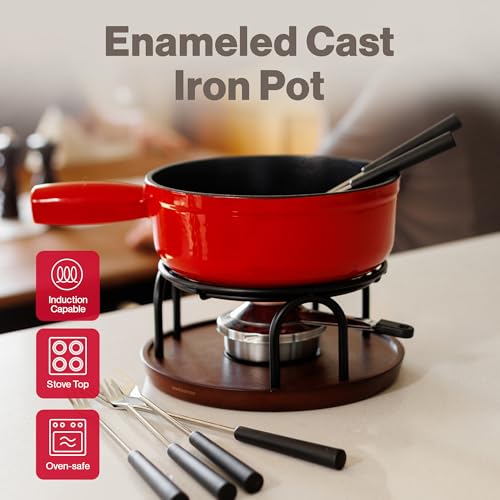Swissmar Ticino Cast Iron Fondue Set with Enameled Interior 2L 2 QT 9Piece Cheese Chocolate Fondue Pot with Forks Burner Beechwood Base Perfect for Family Gatherings Gift Giving Red - Image 3