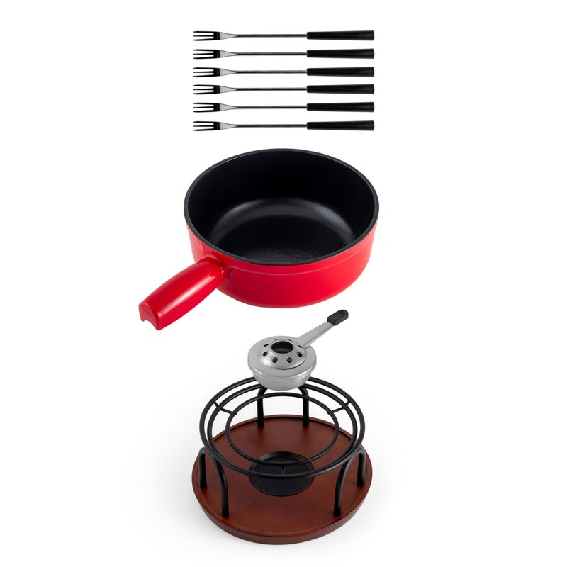 Swissmar Ticino Cast Iron Fondue Set with Enameled Interior 2L 2 QT 9Piece Cheese Chocolate Fondue Pot with Forks Burner Beechwood Base Perfect for Family Gatherings Gift Giving Red - Image 2