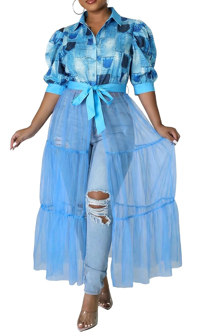 Choichic Women' Button Down Shirts High Wasit Cute Puff Sleeve Tie Waist Sheer Mesh Patchwork Dress Long Shirts Tunic Shirt Dress Large Blue - Image 2