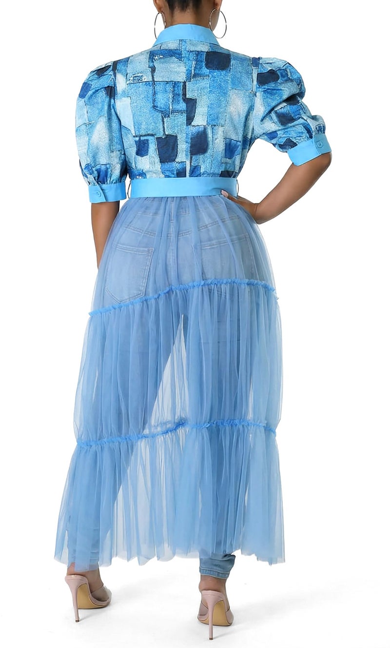 Choichic Women' Button Down Shirts High Wasit Cute Puff Sleeve Tie Waist Sheer Mesh Patchwork Dress Long Shirts Tunic Shirt Dress Large Blue - Image 4