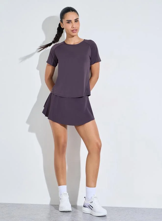 Purple Solid Back Mesh Insert Top and Mini Skirt Activewear Set
