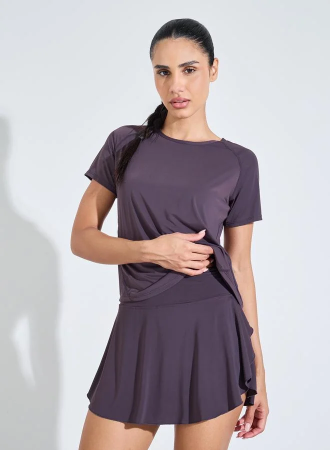 Styli Active  Purple Solid Back Mesh Insert Top and Mini Skirt Activewear Set for Women | Best Price UAE