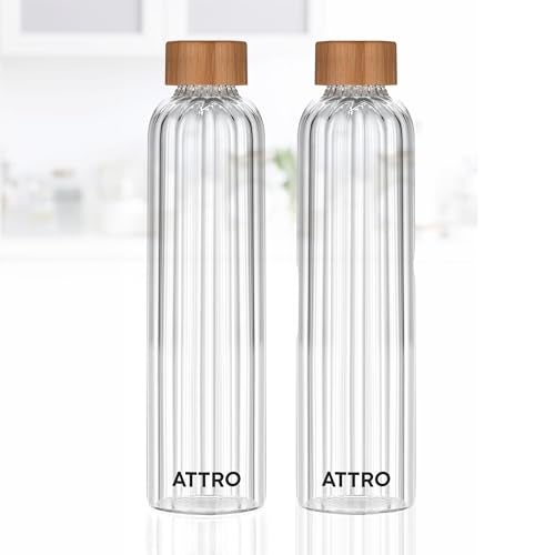 ATTRO Glassox Glacia High Borosilicate Screw Glass Bottle with Bamboo Lid Leakproof Ideal for Office, Travel, Home,Outdoor & Daily Use – Transparent – 750ml- Set Of 2 - Image 1