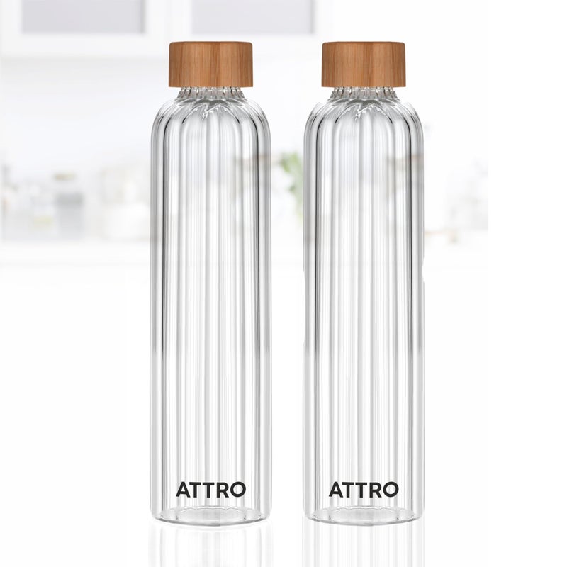 ATTRO Glassox Glacia High Borosilicate Screw Glass Bottle with Bamboo Lid Leakproof Ideal for Office, Travel, Home,Outdoor & Daily Use – Transparent – 750ml- Set Of 2 - Image 4