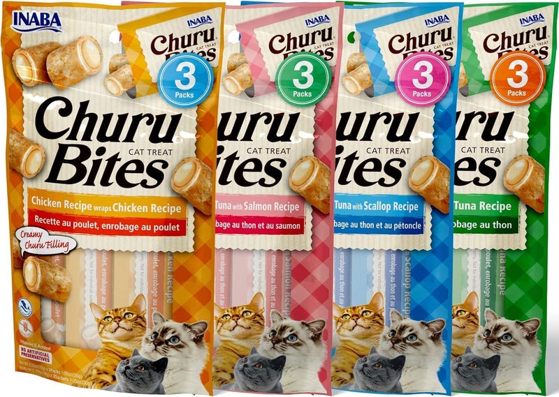 INABA Churu Bites for Cats, Soft Baked Chicken Churu Filled Cat Treats with Green Tea Extract, 0.35 Ounces Each Tube, 12 Tubes Total, 4 Flavor Variety - Image 1