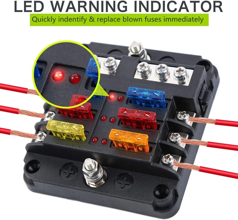 femedo 12 Volt Fuse Block, Waterproof 6 Way Fuse Box with 6 Ground Negative Busbar for Automotive[100 Amp Max] [LED Indicator]for Car Golf Cart Boat Marine RV DC 12-24V - Image 3