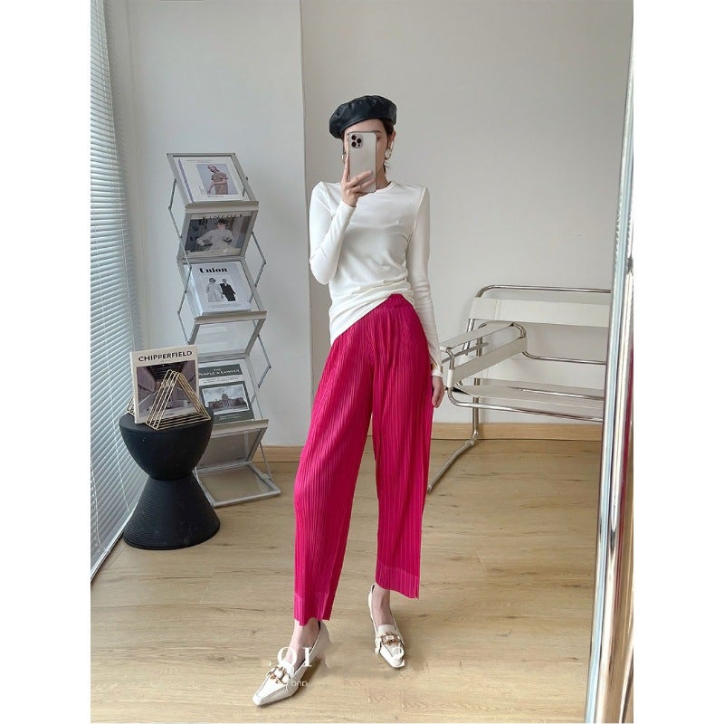 in stock Miyake Pleated Irregular Solid Color Top Short-sleeved Summer Loose Belly-covering Mid-length Slim T-shirt for Women Midline Rose Pants