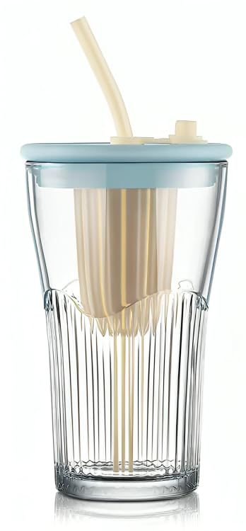 SKDBPM Glass Water Tumbler with Straw and Lid Sealed Carry On Thick Wall Iced Coffee Sipper Cup Glass Cup for Water Iced Tea Fruit Juice Set of 1 500ml Multicolor - Image 1