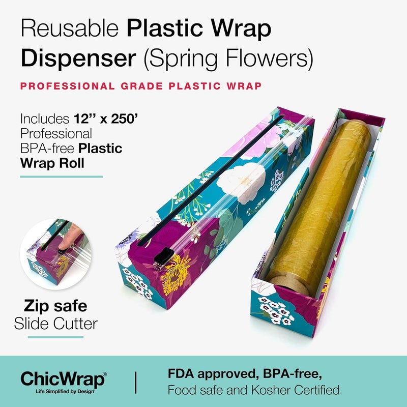 ChicWrap Spring Flowers Refillable Plastic Wrap Dispenser - One 12" x 250' Roll of Professional Grade Plastic Wrap - BPA Free and Kosher Certified - Reusable Dispenser w/Slide Cutter - Image 2