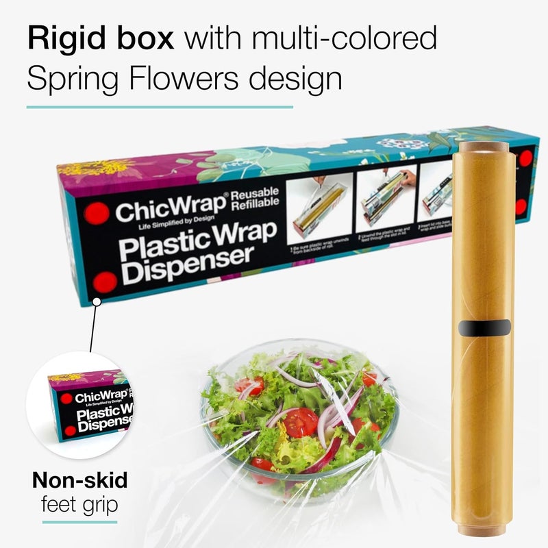 ChicWrap Spring Flowers Refillable Plastic Wrap Dispenser - One 12" x 250' Roll of Professional Grade Plastic Wrap - BPA Free and Kosher Certified - Reusable Dispenser w/Slide Cutter - Image 3