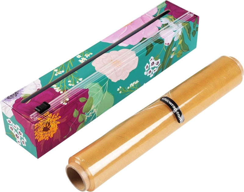 ChicWrap Spring Flowers Refillable Plastic Wrap Dispenser - One 12" x 250' Roll of Professional Grade Plastic Wrap - BPA Free and Kosher Certified - Reusable Dispenser w/Slide Cutter - Image 1