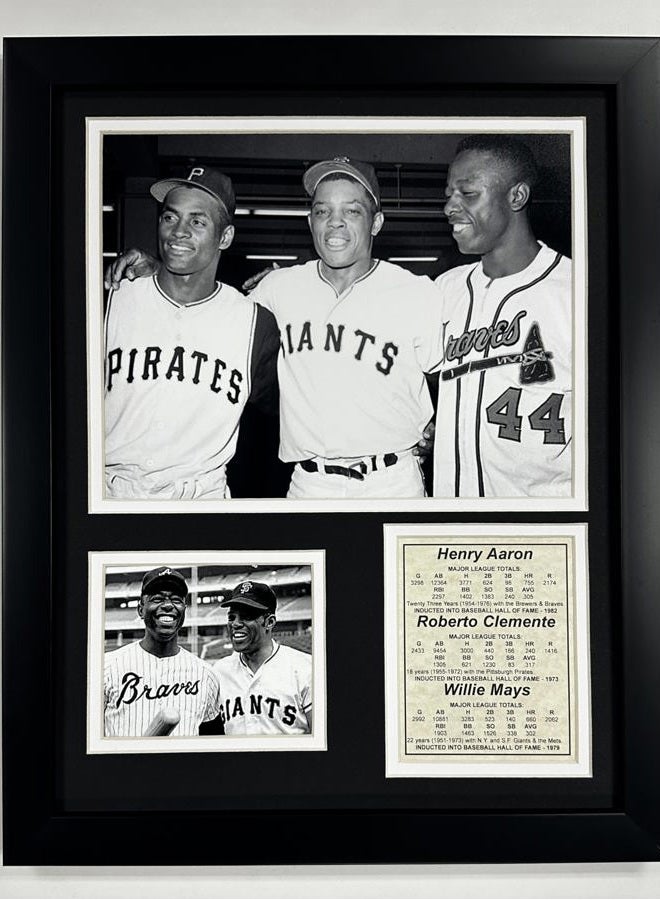 Legends Never Die Hank Aaron, Roberto Clemente and Willie Mays Framed Photo Collage, 11 by 14-Inch - Image 1