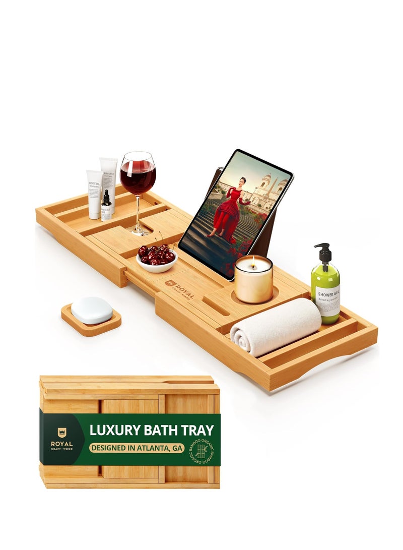 Royal Craft Wood ROYAL CRAFT WOOD Premium Foldable Bathtub Tray - Expandable Bath Tray for Tub - Unique House Warming Bath Tub Tray Wood - Luxury Bathtub & Bathroom Accessories for New Home, Relaxing Spa, Women  - Image 1