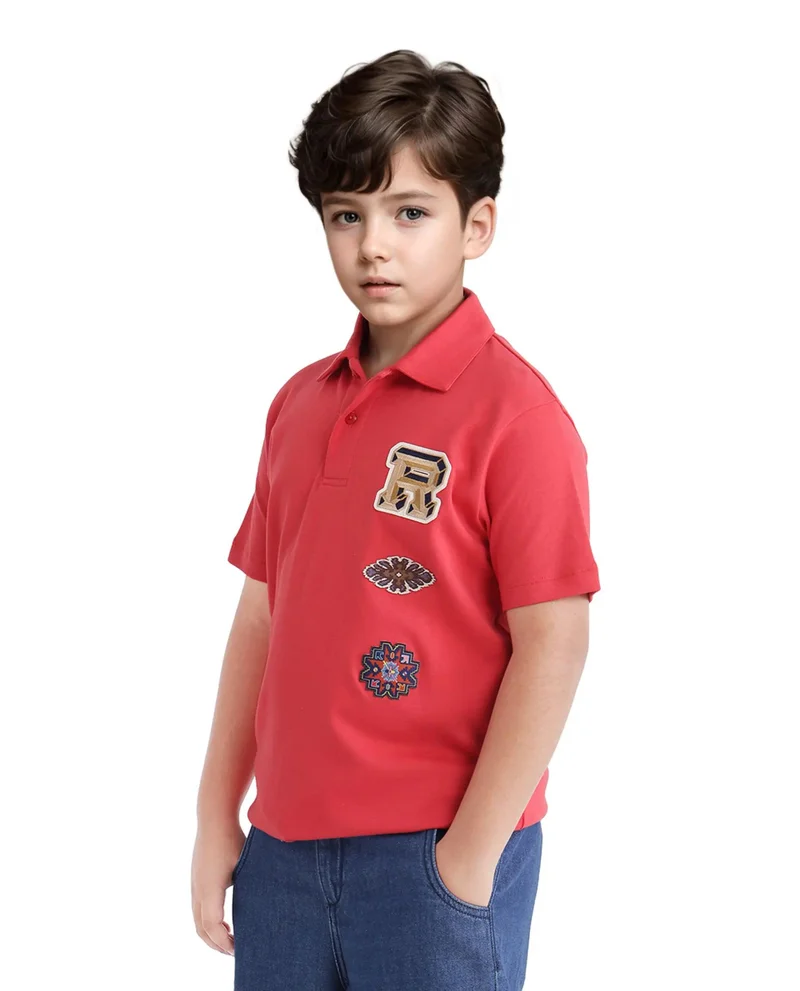 Rare Ones Rare Ones Kids Zyra Red Cotton Half Sleeve Button Closure Printed Regular Fit Polo