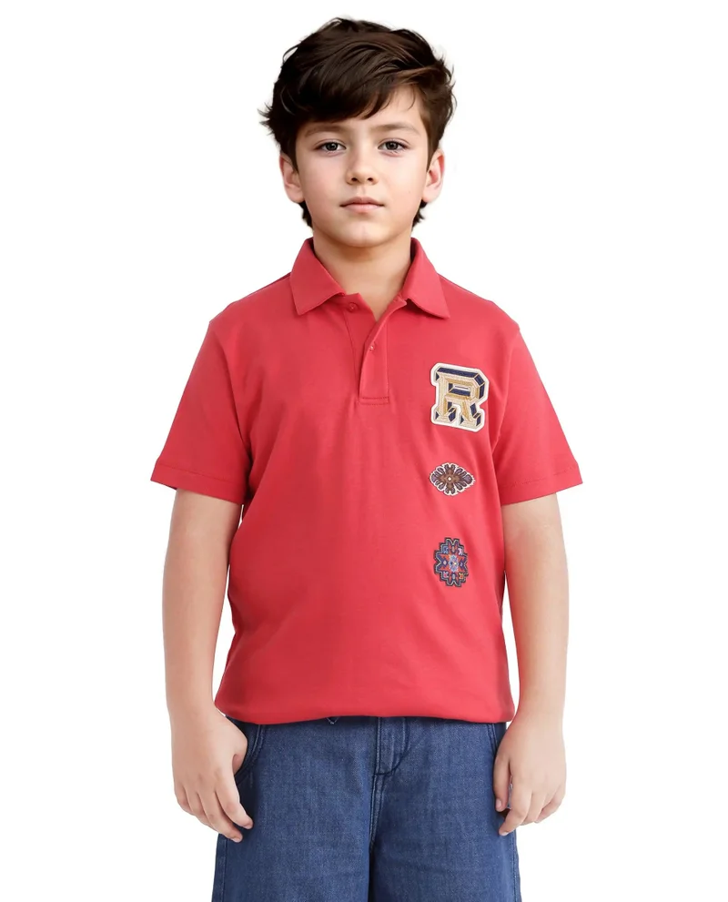 Rare Ones Rare Ones Kids Zyra Red Cotton Half Sleeve Button Closure Printed Regular Fit Polo