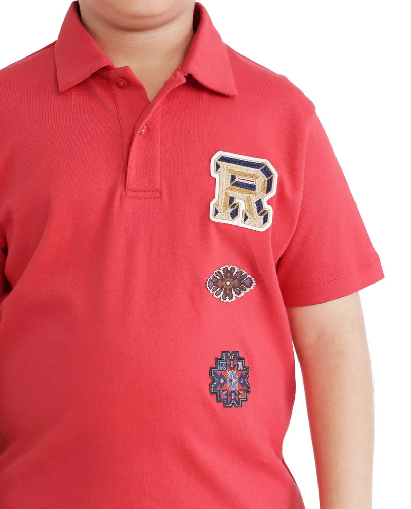 Rare Ones Rare Ones Kids Zyra Red Cotton Half Sleeve Button Closure Printed Regular Fit Polo