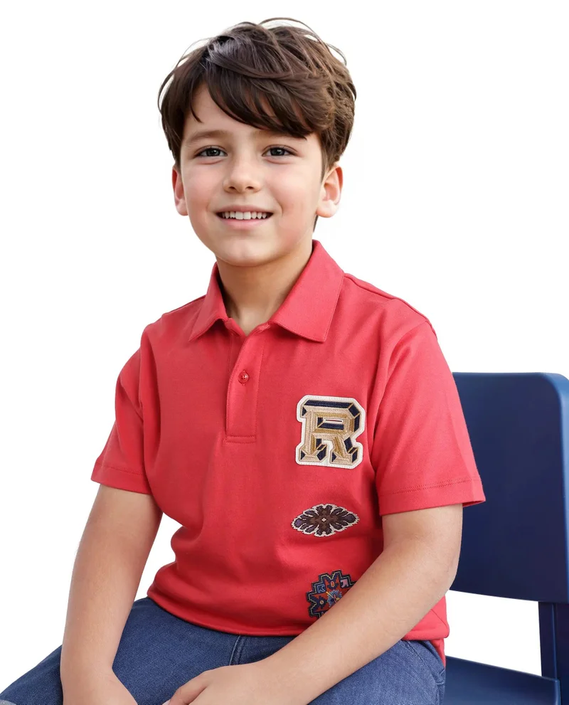 Rare Ones Rare Ones Kids Zyra Red Cotton Half Sleeve Button Closure Printed Regular Fit Polo