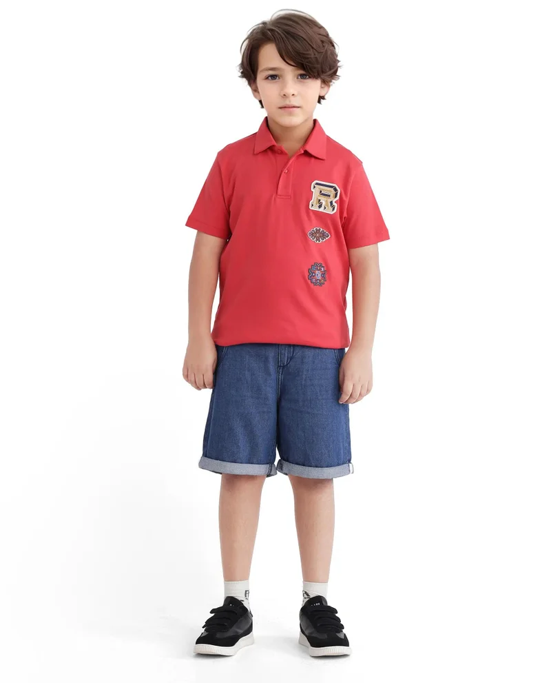 Rare Ones Rare Ones Kids Zyra Red Cotton Half Sleeve Button Closure Printed Regular Fit Polo