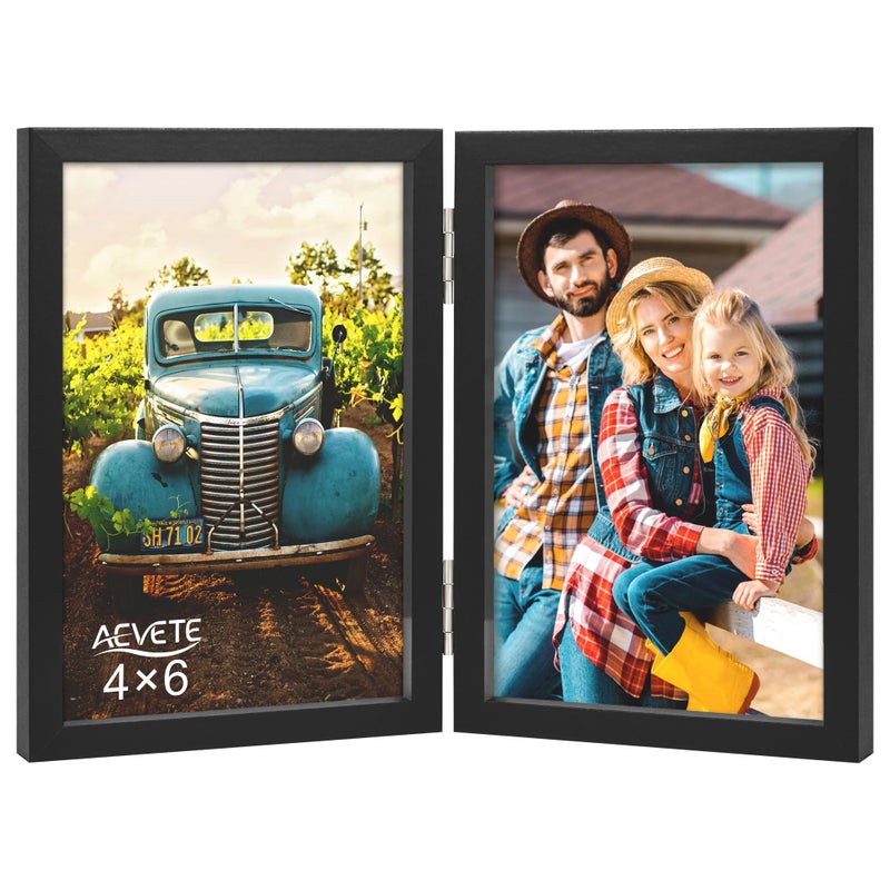 AEVETE 4x6 Picture Frames Double Hinged Wood Folding Photo Frames Vertical with Real Glass Front Black