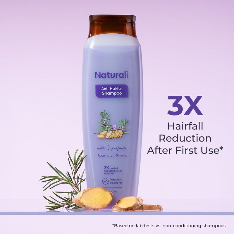 Naturali شامبو ناتورالي لمكافحة تساقط الشعر 3x للتحكم في تساقط الشعر مع إكليل الجبل والبيوتين والجينسنغ خالي من الكبريتات وخالي من البارابين شامبو إكليل الجبل لنمو الشعر 370 مل - Image 2