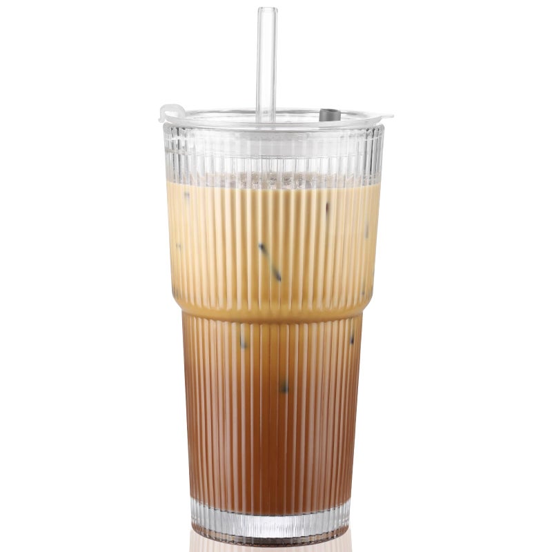 CWHHRN 20 oz Glass Cup with Lid and Straw Glass Tumbler with Straw and Lid Vintage Glassware for Whiskey Cocktail Beer Iced Coffee Cups with Lid 1 PACK