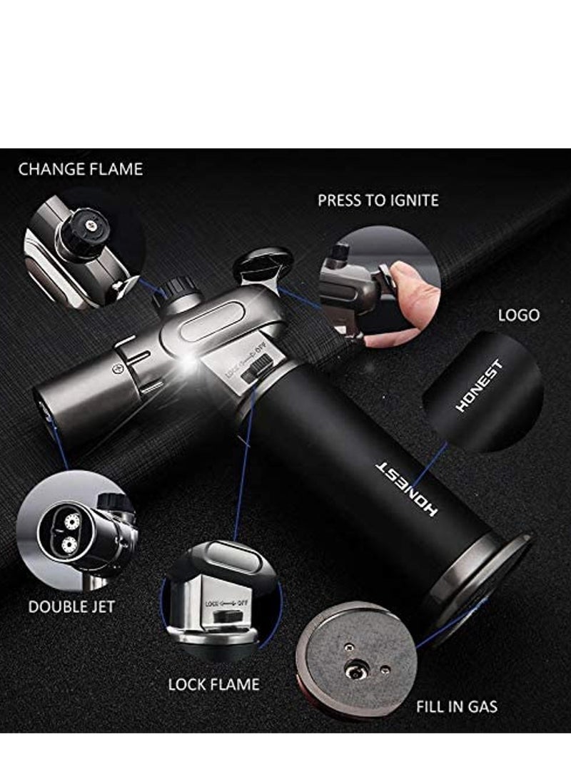Honest - Windproof Torch Lighter Butane Refillable Gas Lighter Double Jet Flame Adjustable (Butane Gas Not Included) for Bakhoor charcoal,Candle,Cooking,Camping,Baking,BBQ ( Black) - Image 1