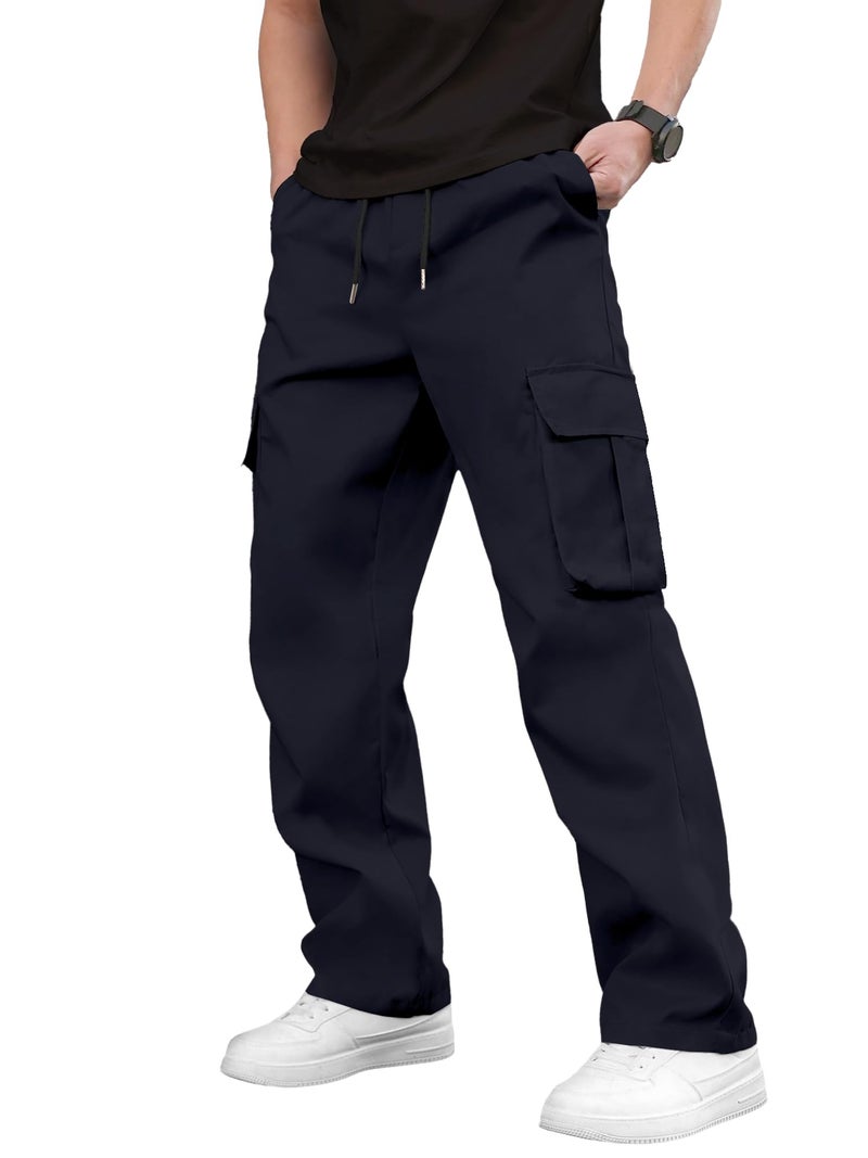 PLEPAN Men's Casual Cargo Pants Drawstring Hiking Pants Workout Tactical Joggers Sweatpants for Men Blue 3X-Large - Image 2