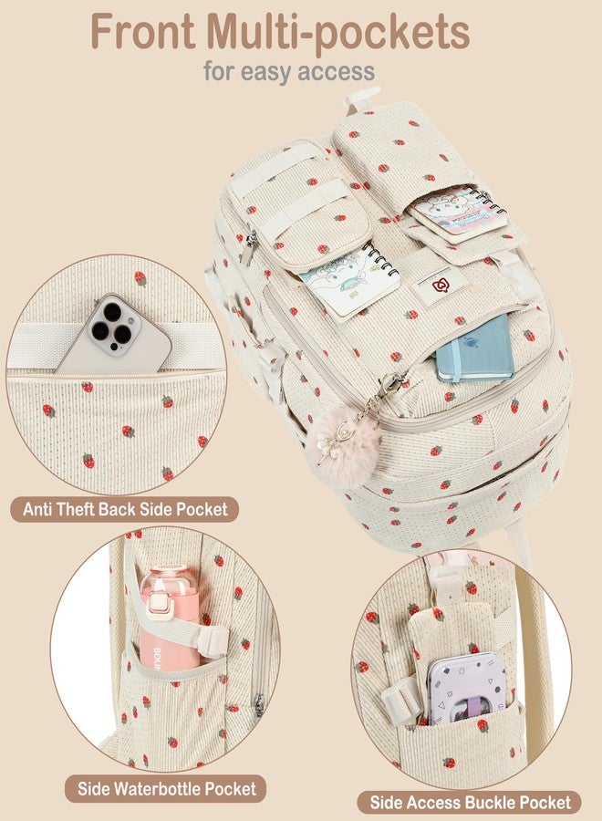 Hidds School Backpack Laptop College Backpacks Corduroy Bag Students Bookbag Anti Theft Travel Daypack for Teens Girls Women, 03-corduroy Beige Strawberries, Medium, School Backpack, College Backpack - Image 4
